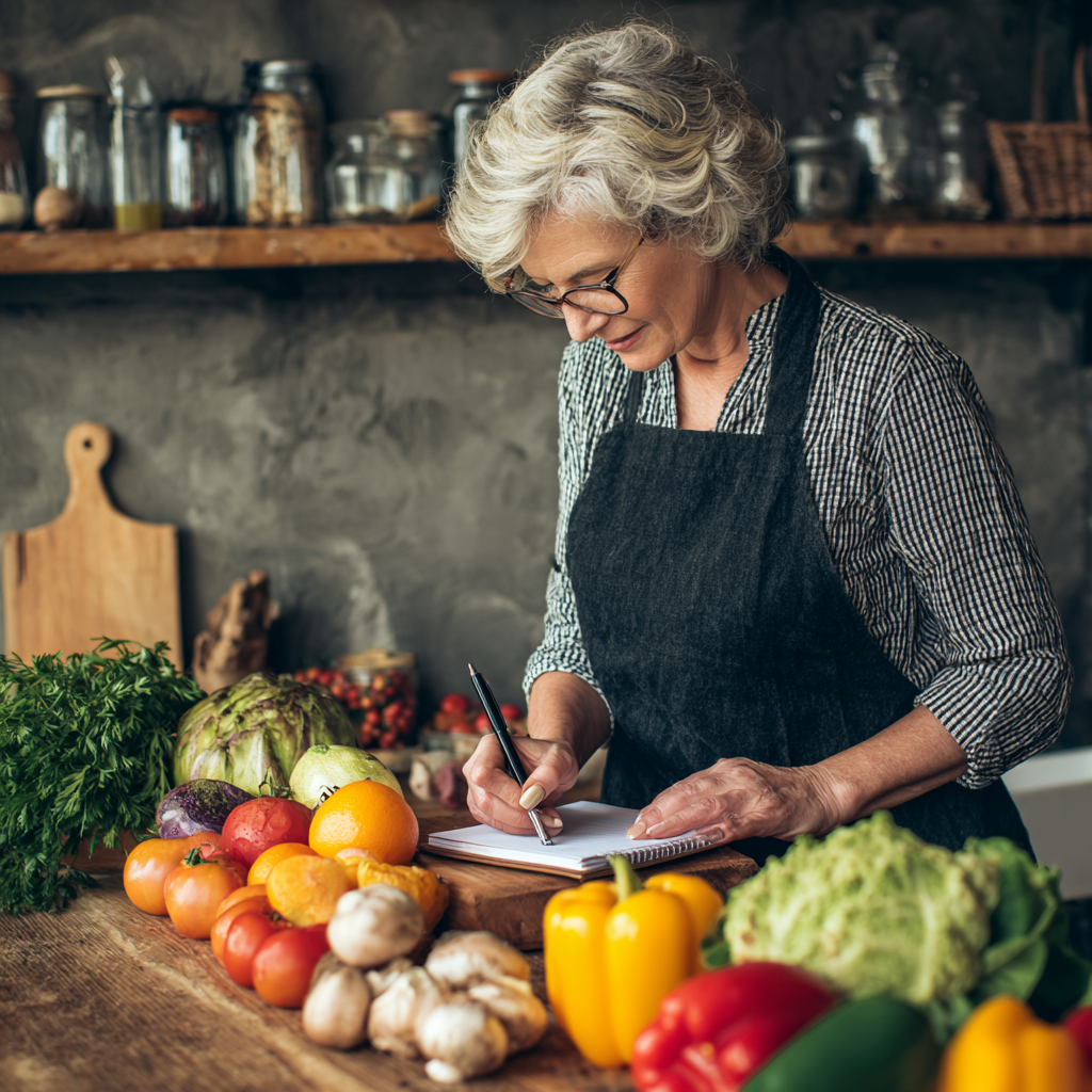 mature woman planning healthy meals with fresh vegetables