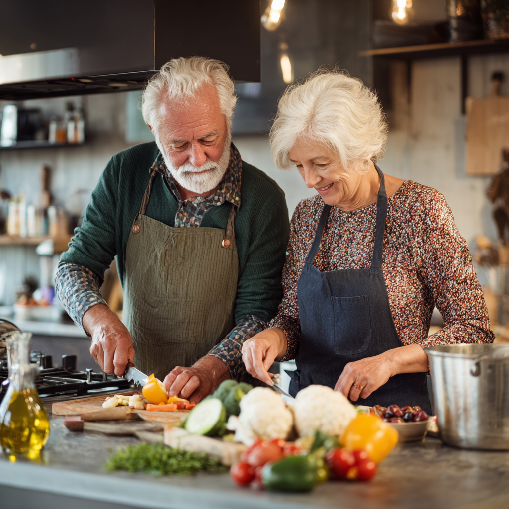 senior couple cooking healthy meal together in modern kitchen